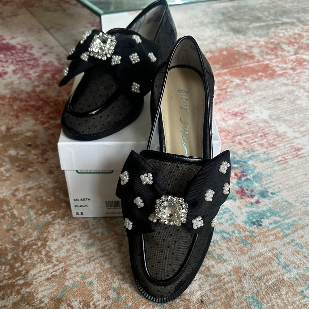 Betsey Johnson Black Rhinestone Bow Loafers